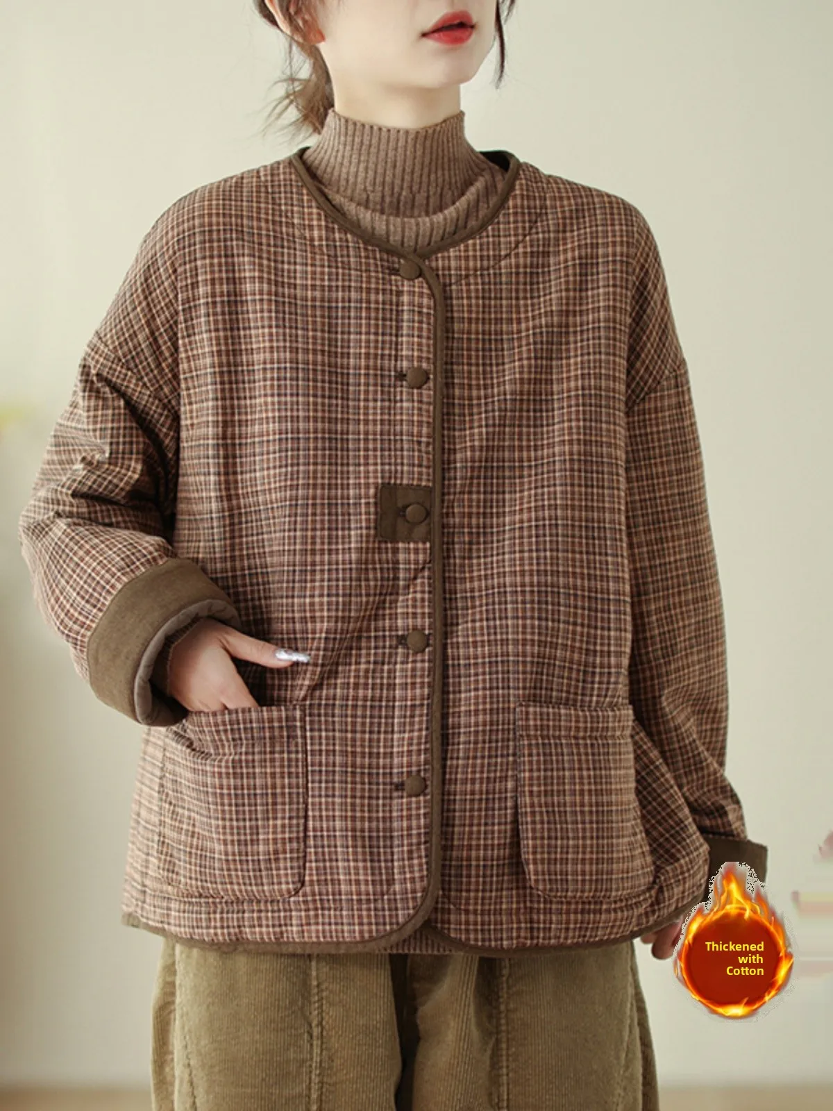 Retro a cuadros Thiened algodón Jaet mujer invierno suelto ajustado redondo Ne algodón abrigo botón detalle largo Sve Commute Sle