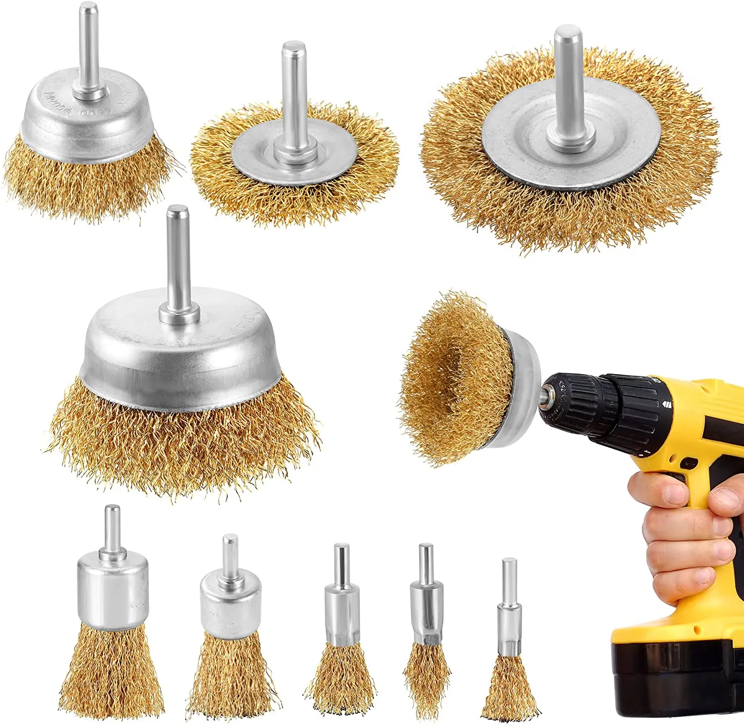 9pcs Steel Wire Brush Brass Plated Wheels Brushes Drill Rotary Tools Metal Rust Removal Polishing Brush