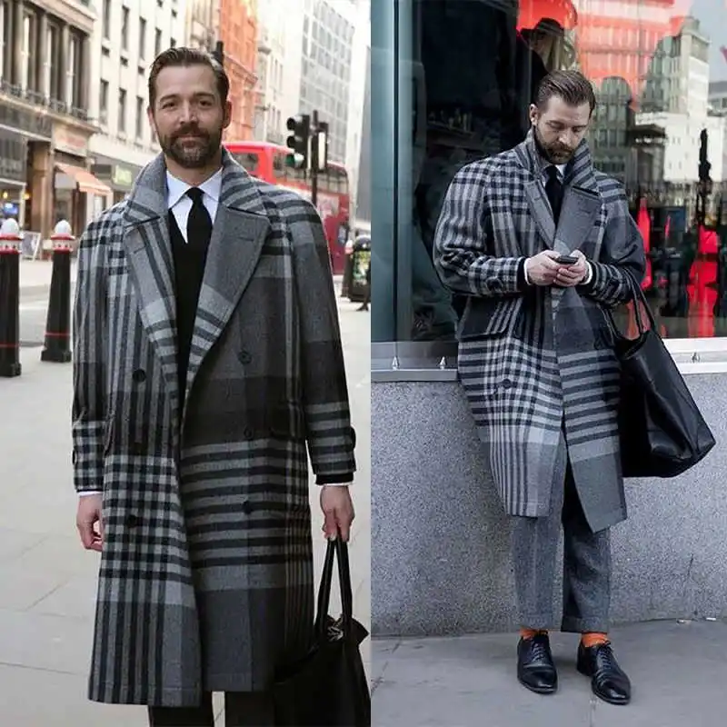 

Classic Plaid 1 Piece Men Coat Double-breasted Warm Autumn Winter Long Overcoat Casual Outerwear Customized