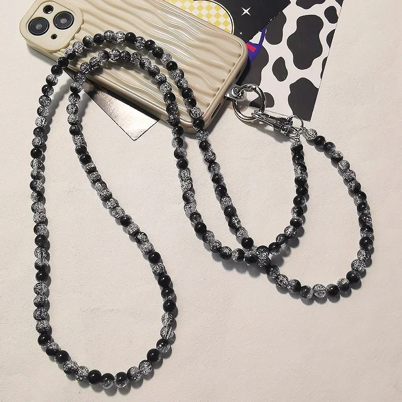 Mobile Phone Lanyard Long Crossbody Can Back Hand-beaded High-end Black Gray Round Bead Chain Diagonal Chain Rope  Iphone 15 Pro