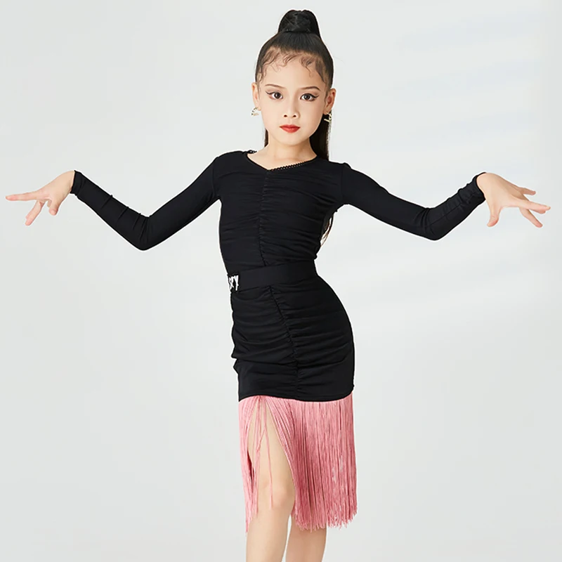 

Girls Latin Dance Dress Black Long Sleeves Pink Fringe Dress Cha Cha Costume Rumba Competition Clothing Ballroom Dress DNV17114