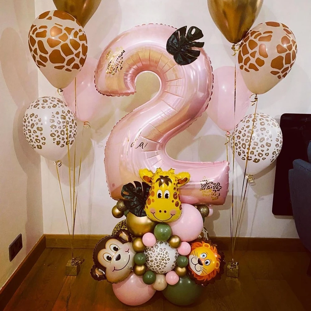 31pcs Wild Animal Pink Balloon Tower with 1-9 Number Balloon for Girl\'s Wild One Themed Birthday Jungle Safari Party Decoration