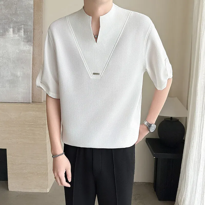 Summer Ice Silk Pullover Shirts for Men Cotton and Linen Breathable Stand Up Collar Half Sleeve Shirt Social Party Streetwear