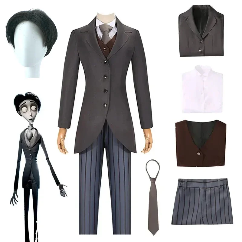 Movie Tim Burton Corpse Bride Costume Victor Van Dort Cosplay Men Ghost Uniform Suit Coat Shirt Vest Pants Tie Halloween Clothes