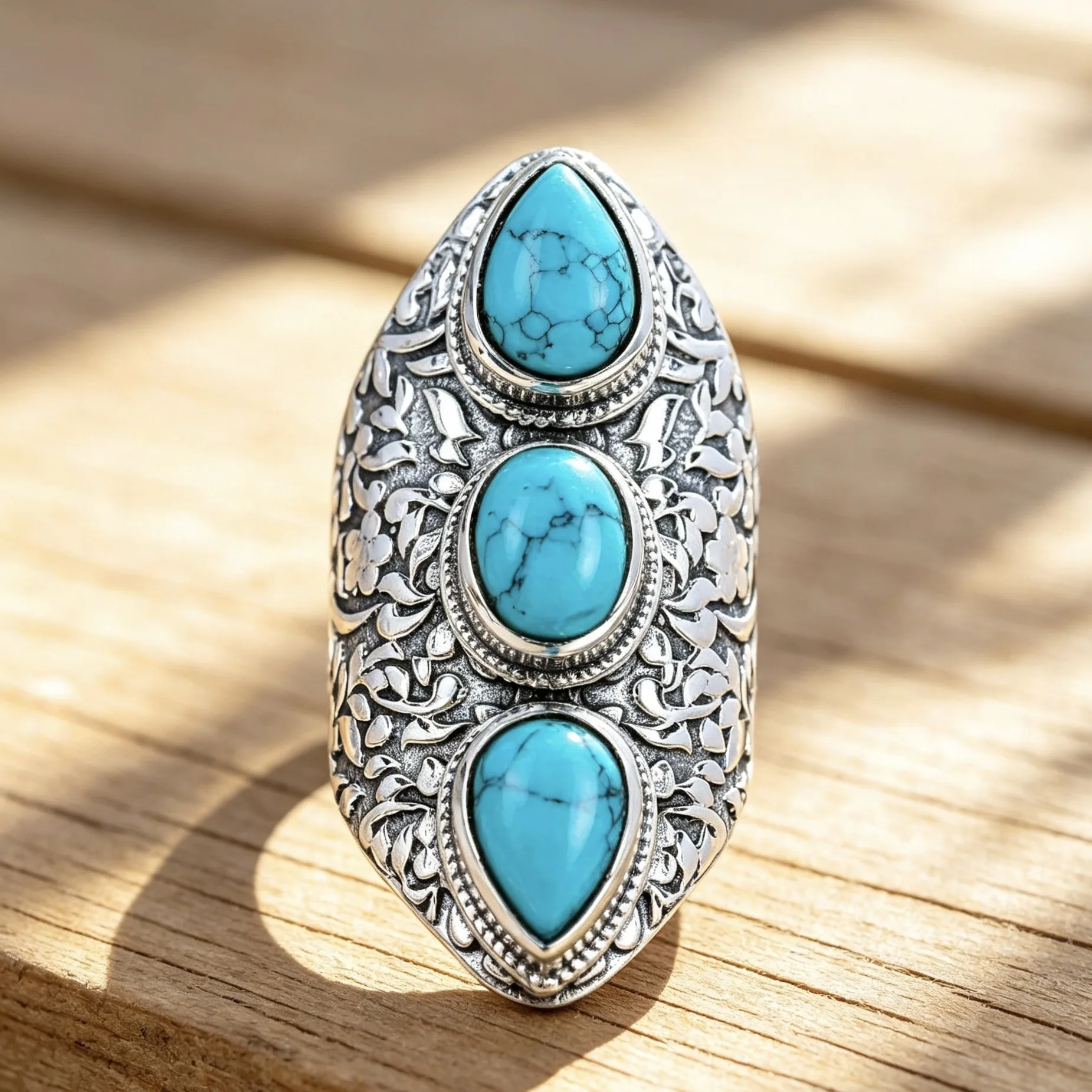 Vintage Turquoise Ring, Retro Floral Engraved Wide Band Ring, Boho Western Ethnic Totem Jewelry, Lucky Amulet Gift for Women