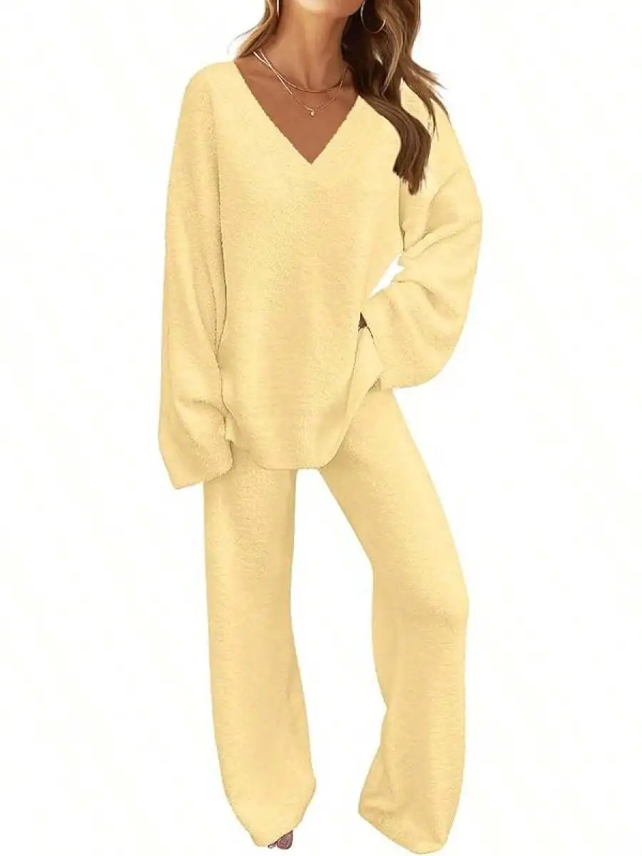 Womens Fuzzy Fleece 2 Piece Loungewear Set Long Sleeve V-Neck Top Wide Leg Pants