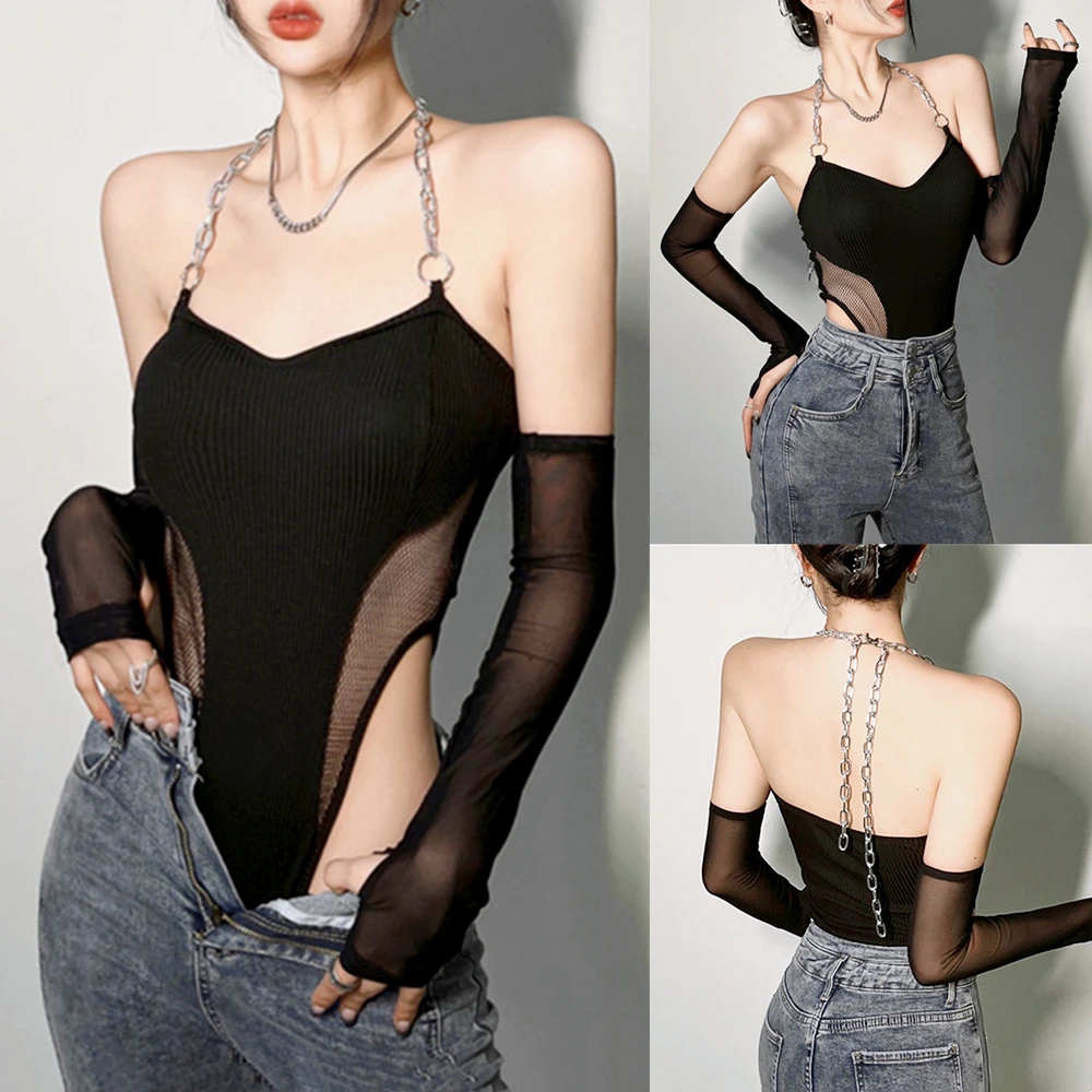 Summer Sexy Lingerie Bodysuit Women Sexiest Body Suit For Ladies Chain Halter Jumpsuit Clubwear Black Sheer Mesh Patchwork Tops