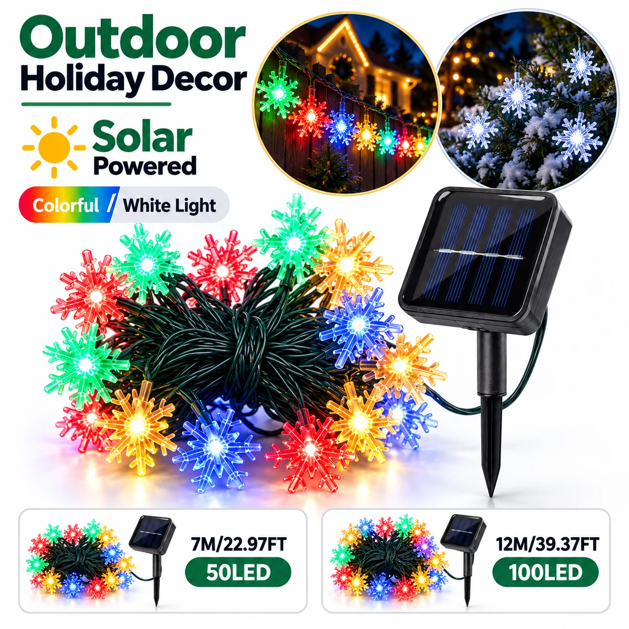 1pc Solar Snowflake Christmas String Lights 50/100LED Outdoor Solar Fairy Lamps For Garden Yard Porch Winter Xmas Decoration