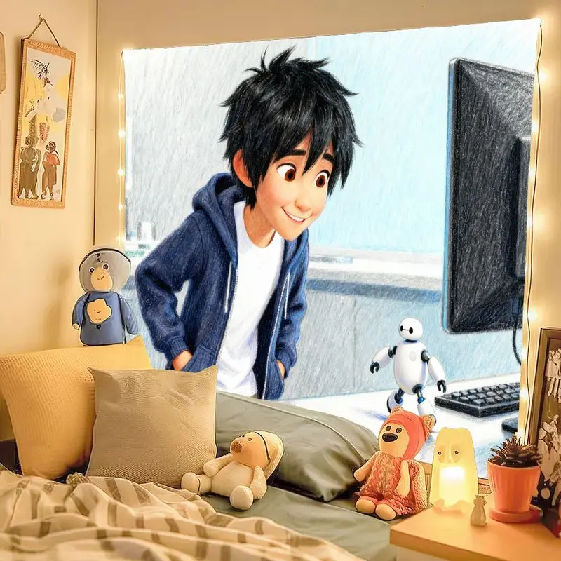 1 tapiz de Anime Big Hero 6 Hiro Hamada Baymax, decoración artística de pared de poliéster moderna para habitación de niños, dormitorio, regalo de seguidor de película