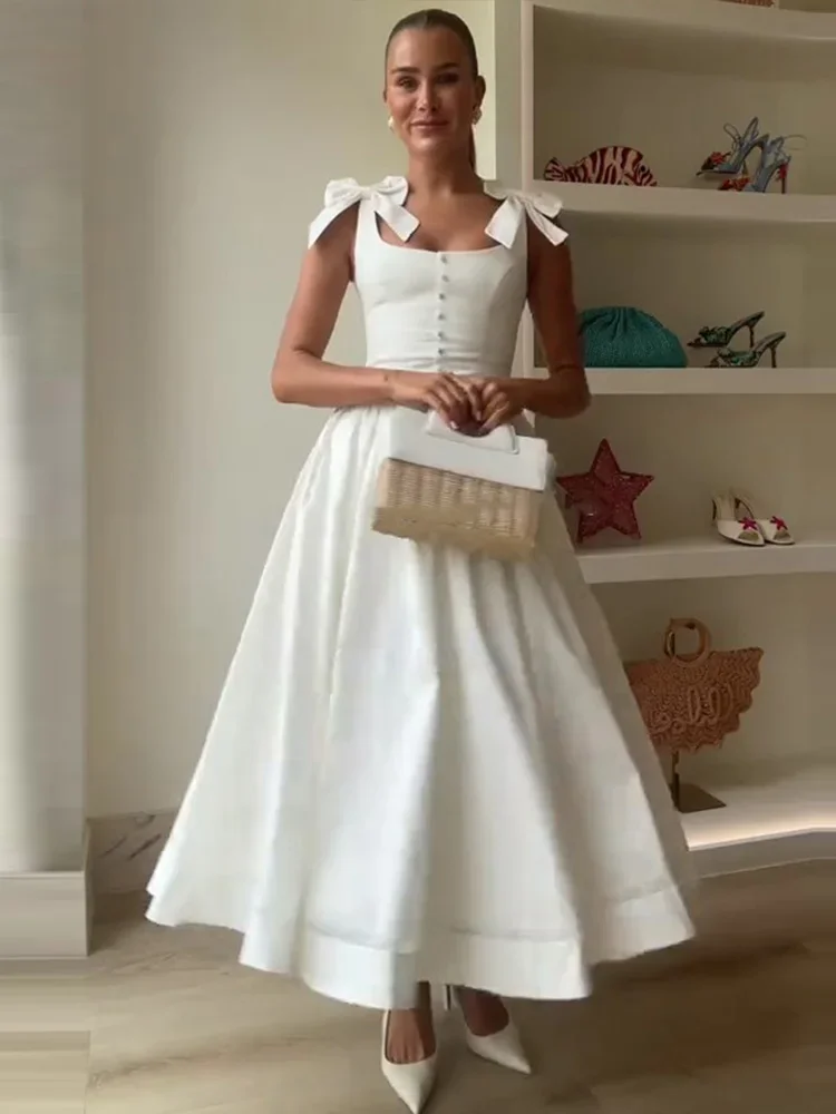 

Elegant Lace Up Bows Long Dresses Women Chic Square Collar Sleeveless High Waist Lady Vestiods Summer Solid Lady Party Robes
