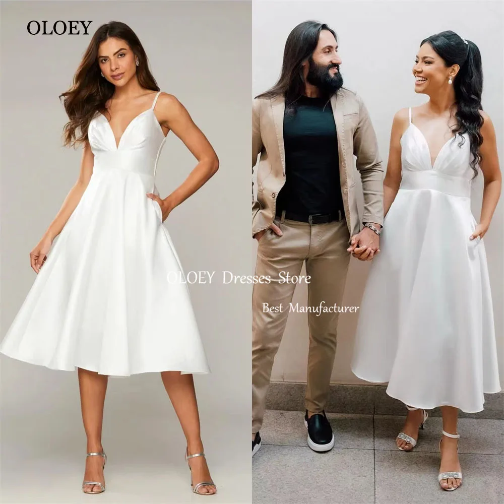 

OLOEY Simple A-line Wedding Dress For Woman V-eck Draped Tea-length Vestidos Novias Boda Evening Gown Dress Summer Dress