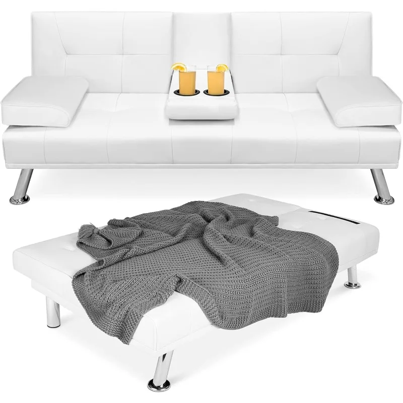 

Faux Leather Upholstered Modern Convertible Futon, Adjustable Folding Sofa Bed, Guest Bed w/Removable Armrests