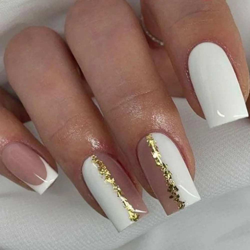 24Pcs Irregular French Fake Nail with Golden Broken Diamond Simple Finished Nails Art Short Square Head Press on False Nails view 5