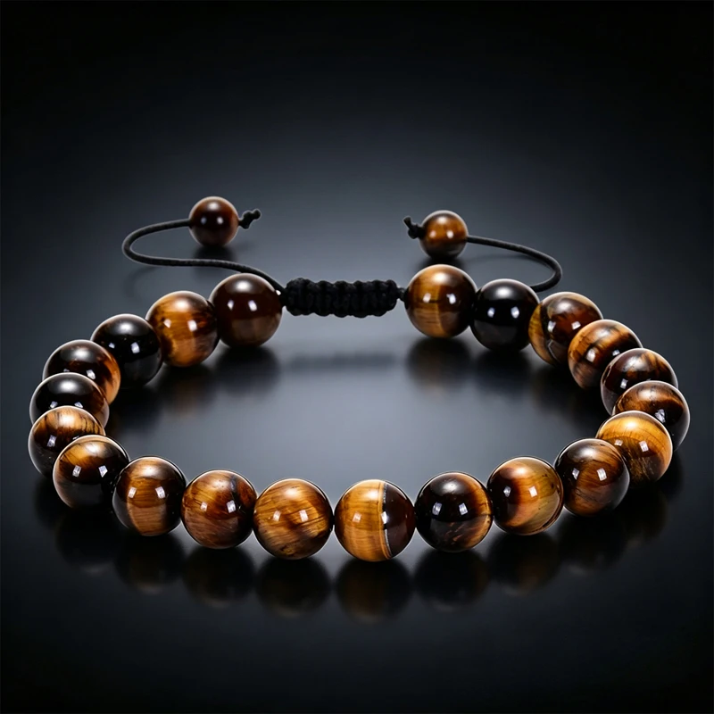 Pulseira Artesanal de Proteção com Olho de Tigre Natural e Pedra Vulcânica de 8mm, Vários Estilos, Presente Masculino