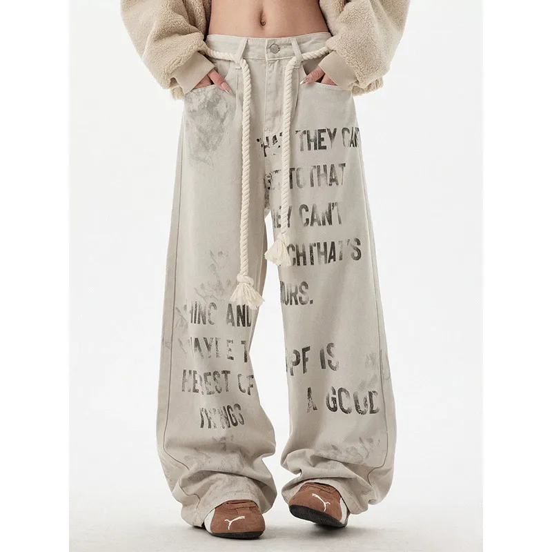 

Women Vintage Graffiti Apricot Y2k Jeans High Waist American Retro Straight Streetwear Loose Wide Leg Denim Pants Baggy Trousers