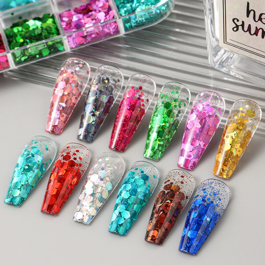 12 Colors Sparkly Holographic Nail Art Glitter Sequins Laser 3D Hexagon Flakes Nail Powder Makeup Nail Art Decorations Manicure