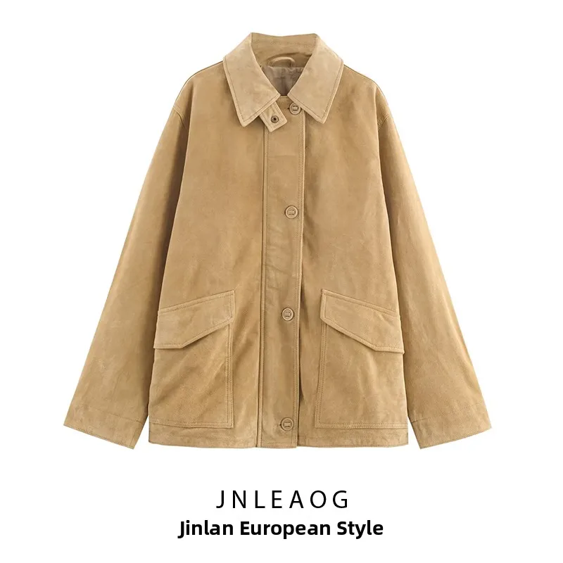 패셔너블 벨벳 가죽 재킷 여성용 가을 신상품 JNLEAOG 43470 폴리에스터 롱 슬리브 보온 플랩 디자인