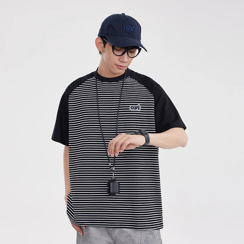 

Men Women 240G Cotton Stripe Splice Short Sleeve Loose Casual T-shirt Summer Streetwear Fashion T Shirts Cityboy Oversize Tshirt