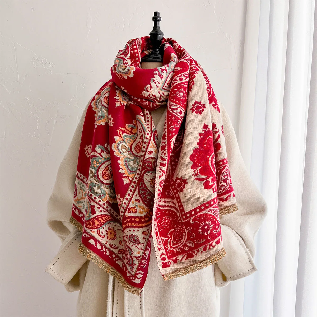 Bufanda de estilo bohemio con estampado paisley y textura cepillada para mujer, reversible, de doble cara, con flecos cortos, gruesa, cálida, ideal para abrigarse en otoño e invierno, accesorio de ropa de abrigo.