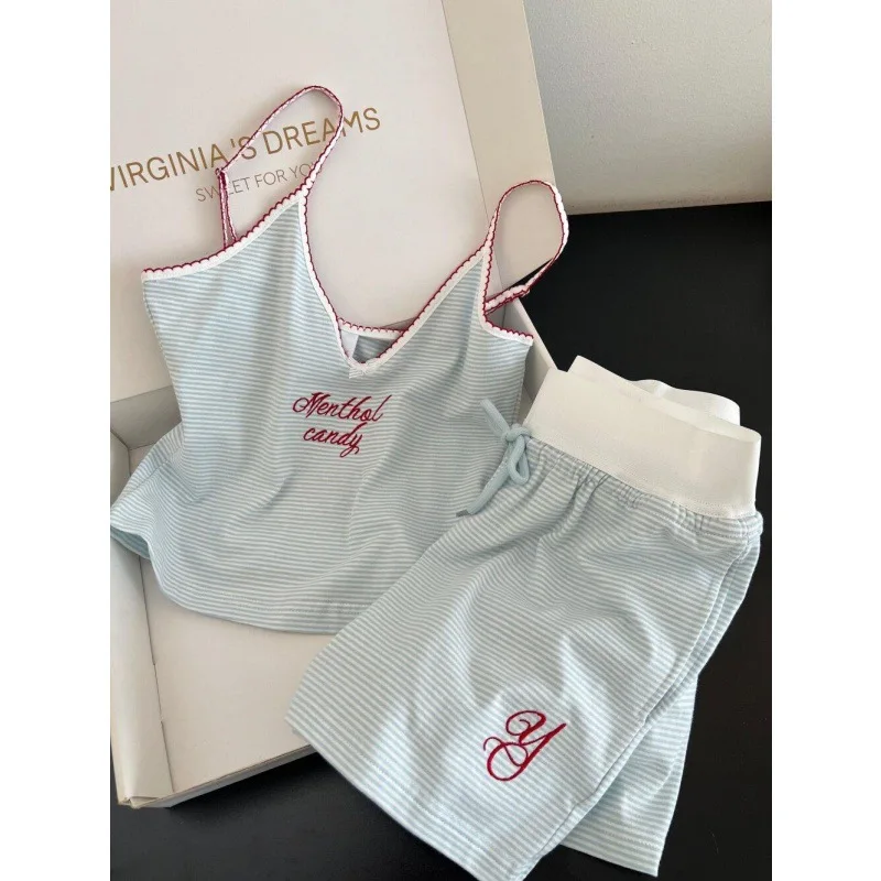 Korean Version of Retro Spice Girl Style Striped Splicing Bow Suspender Pajamas Women's Summer New Shorts Loungewear Set