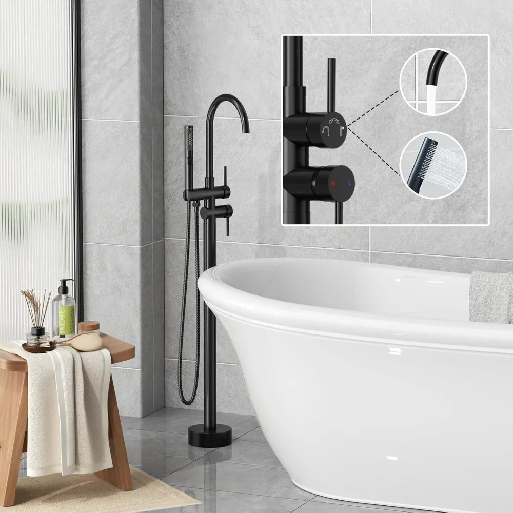 Freestanding Bathtub Faucet Set with High Flow Matte Black Floor Mount Tub Filler and 3-Function Handheld Shower Head