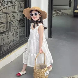 Korean Version 2024 New Girl Fashion White Sleeveless Fresh and Sweet Cake Holiday Dress Trend Kids Dresses for Girls