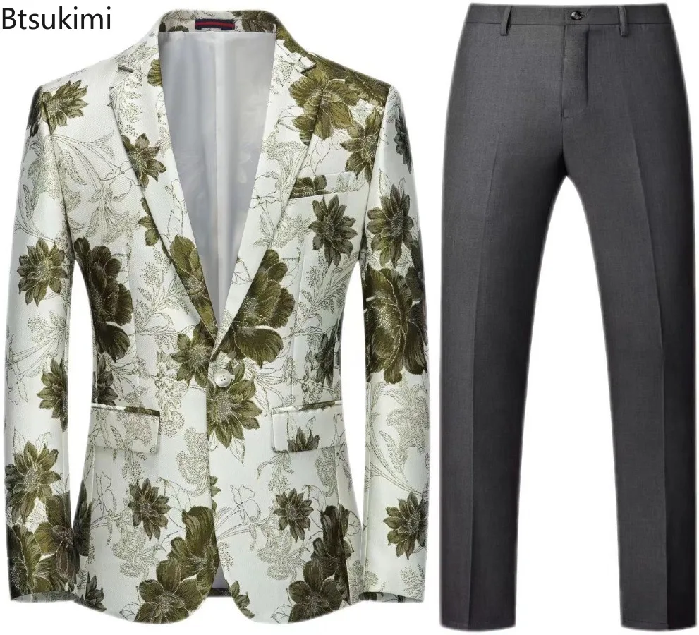 

Men's Fashion Suit Two-piece Set with Floral Patterns Handsome Personality Stage Performance Banquet Business Casual Wear Suit