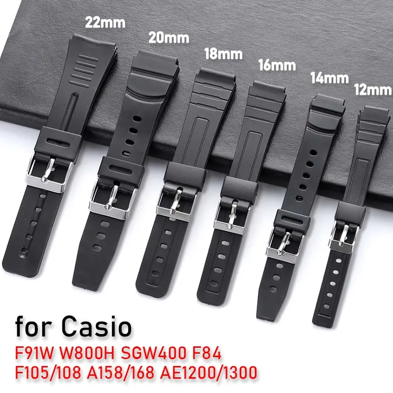Silicone Watch Strap 12mm 14mm 16mm 18mm 20mm 22mm for Casio F91W F84 F105/108 W800H A158/168 AE1200/1300 SGW400 Universal Band