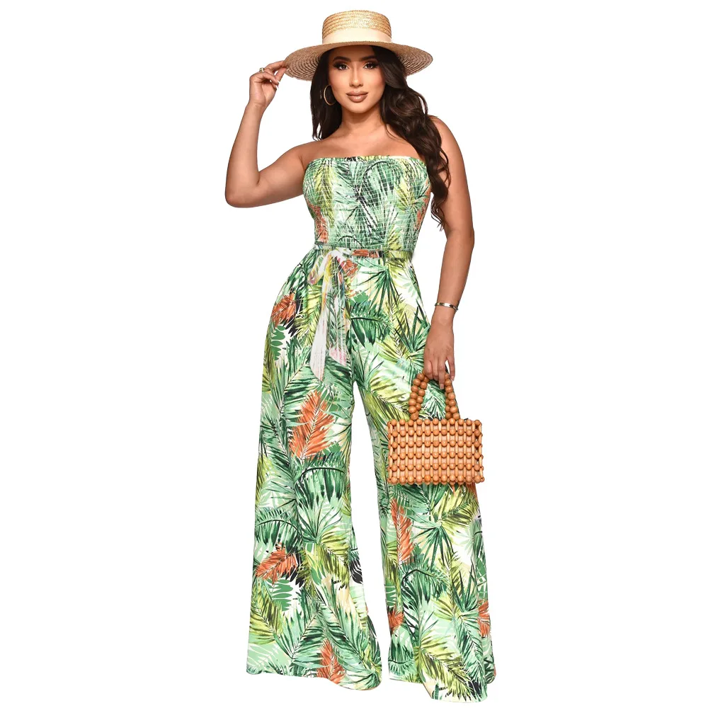 Women Floral Print Wrapped Chest Strapless Casual Vacation Style Jumpsuit Wide Leg Loose Pants Trousers