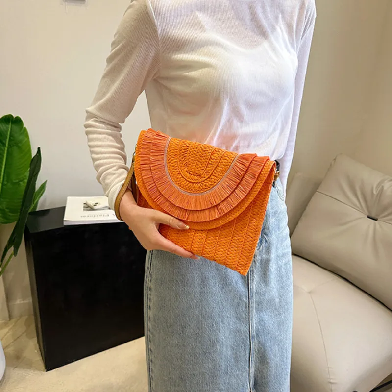 Weaving Bags Fashion Ladies Wristlet Clutches Summer Straw Women Shoulder Crossbody Bags Money Purse Woven Hand-woven Handbags