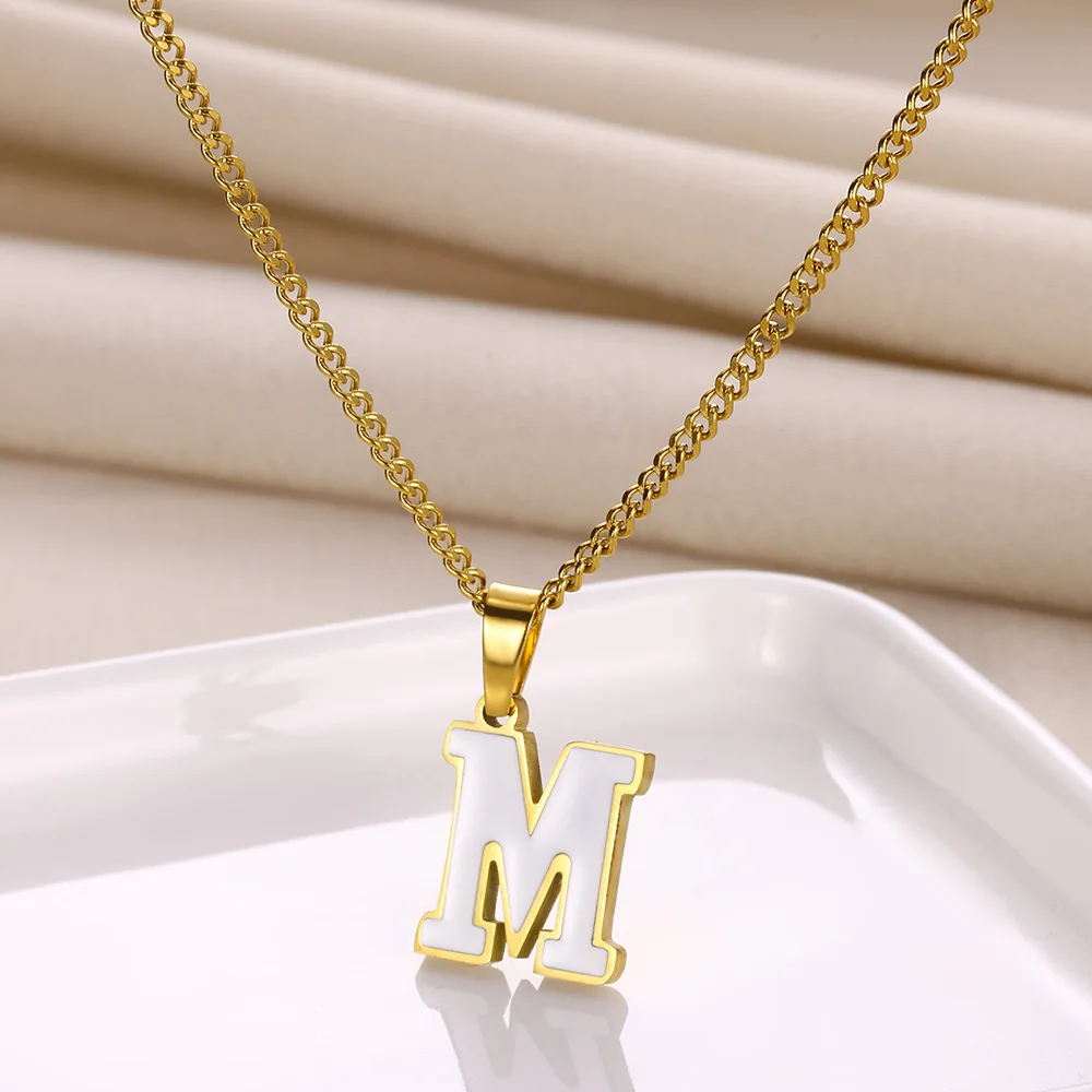 Stainless Steel Vintage Initial Letter Pendant Necklace Women Unisex Gold color A-Z Oil Dropping Cuban Chain Choker Jewelry Gift