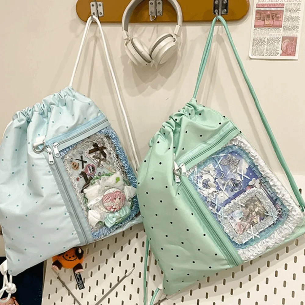 Casual Korean Style Nylon Drawstring Backpack Lightweight Wave Point Light Soft Nylon Bag Harajuku Sweet Student Schoolbag Girls