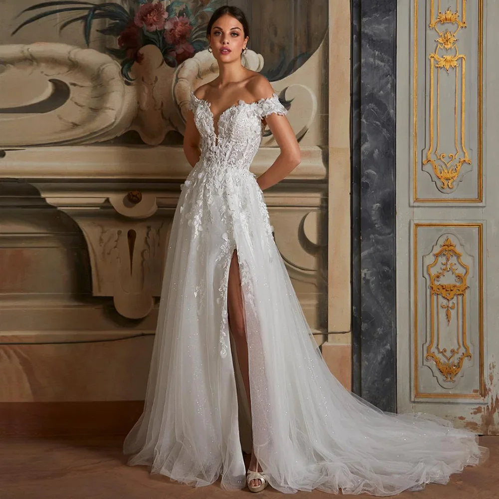

Flavinke Customized Sexy Glitter Wedding Dresses Woman Bride Off The Shoulder V Neck Beading Applique Tulle A Line Bridal Gown