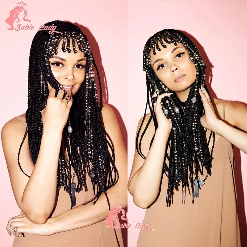 32 Inch Synthetic Full Lace Braid Wig Knotless Box Braids Goddess Wig With Bangs Faux Locs Crochet Cornrow Braided Wig for Women