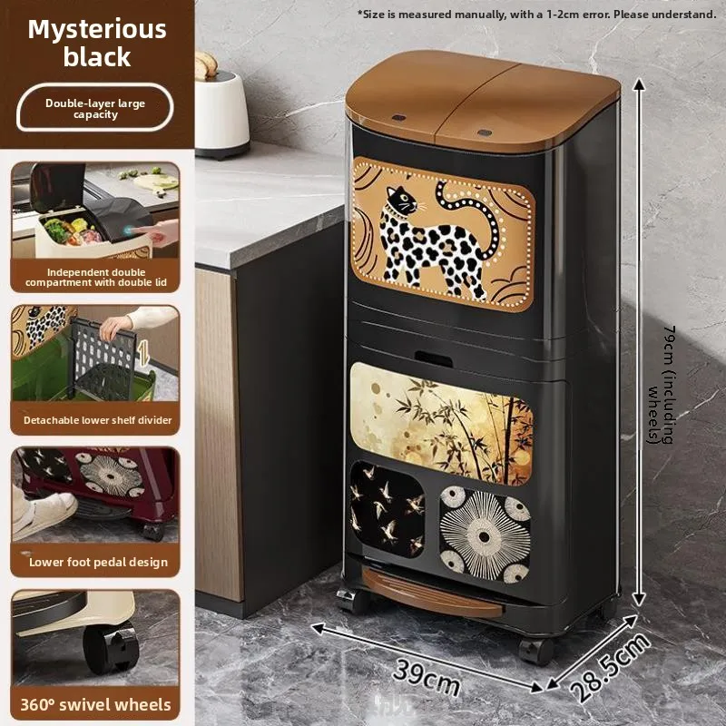 

Kitchen Bathroom Double Layer Waste Bin Classification Trash Can with Wheels Portable Toilet Household Cleaning Tool Shuque