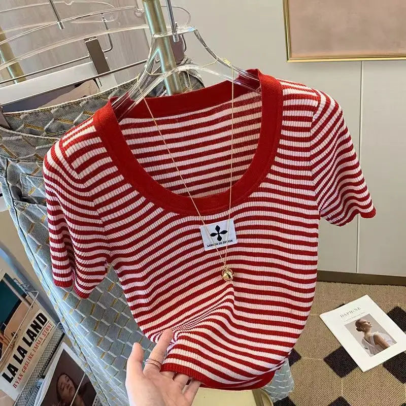 Striped Shoulder Knitted Short Sleeve T-shirt Women's Summer New Korean Version Design Sense Niche Slim Crop Top