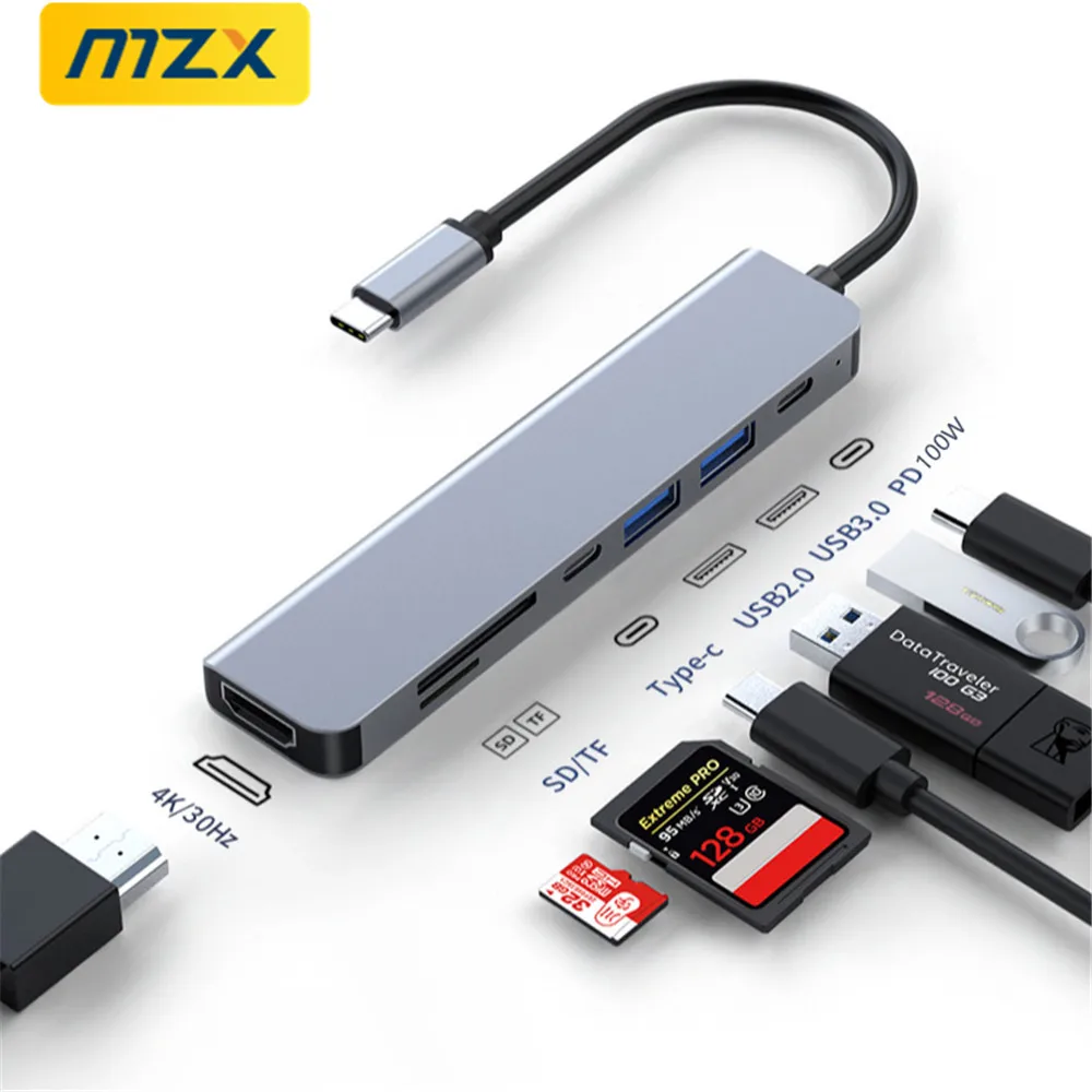 MZX 7 in 1 Laptop Docking Station 4K 30Hz HDMI-Compatible USB 3.0 Hub Concentrator Multi-hub Type C Adapter Splitter 3 0 Dock