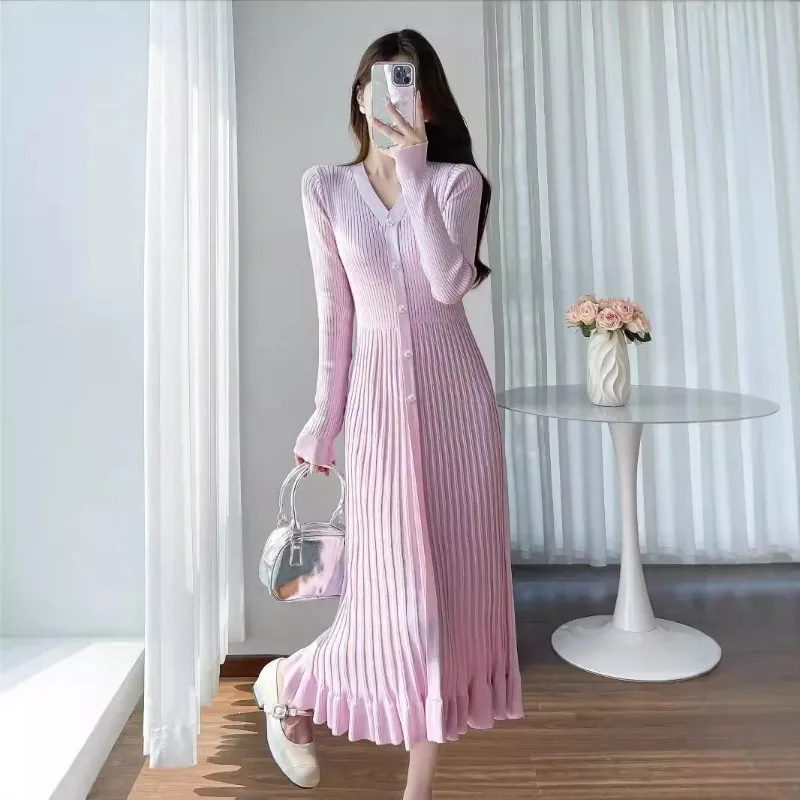 

Women Pink Elegant V-Neck Knitted Maxi Dress Ruffles Pleated Long Sleeve A-Line Long Sleeve Sweater Office Lady Commuter Dress