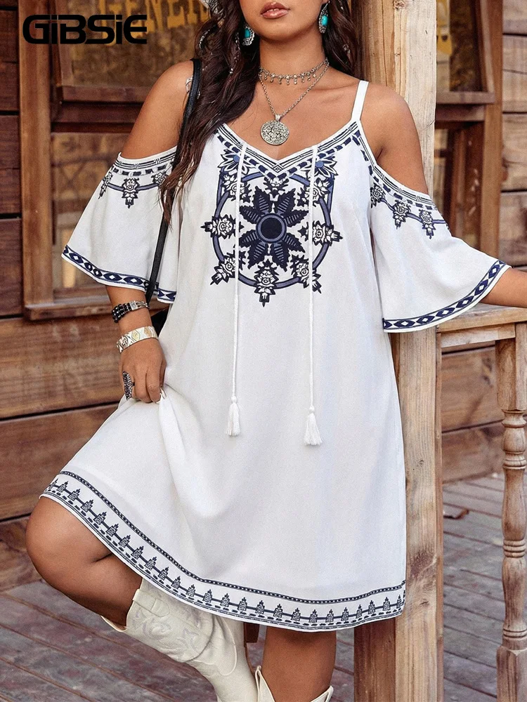 

Летнее женское платье GIBSIE больших размеров в этническом стиле с вышивкой, свободного кроя, с бахромой, завязками на шее и рукавами-колокол, короткое, для отпуска