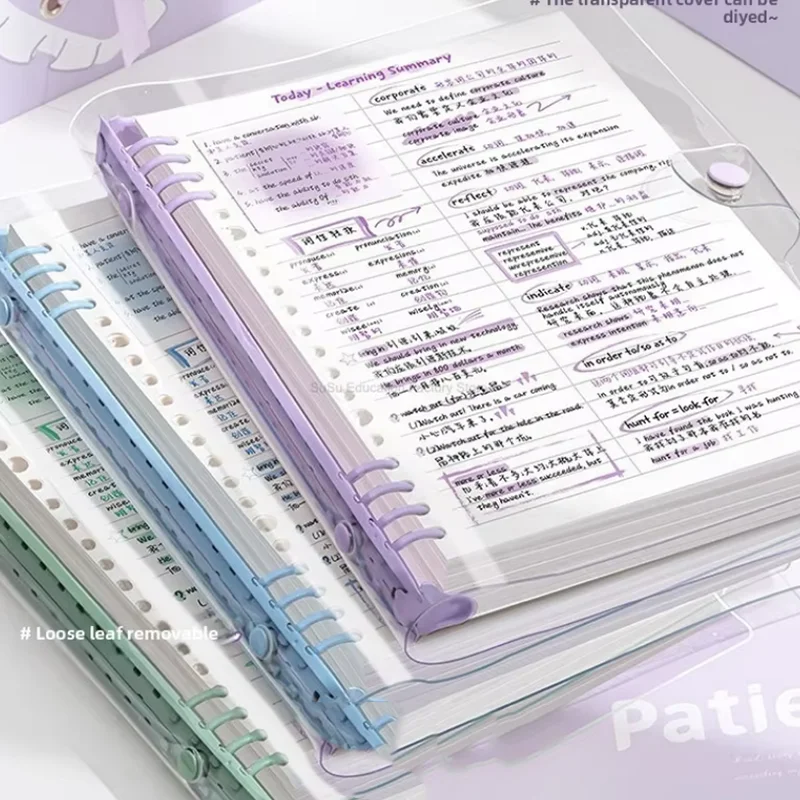 60 hojas de cuadernos de hojas sueltas de cuero suave transparente de 120 páginas con cubiertas de anillos desmontables y líneas horizontales A5