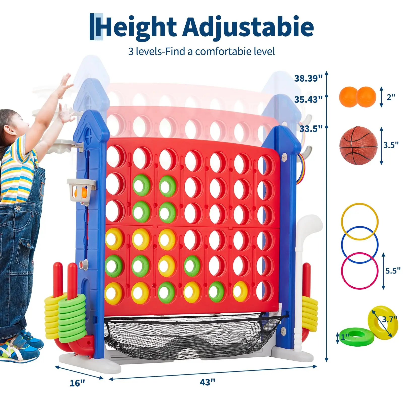 3.5ft Giant 4-in-a-Row Floor Game Set, 4-in-1 Jumbo Connect Game with 3-Level Height Adjustable Stand, Includes Golf, Basketball & Ring Toss, Portable Carry Bag for Indoor & Outdoor - view 8