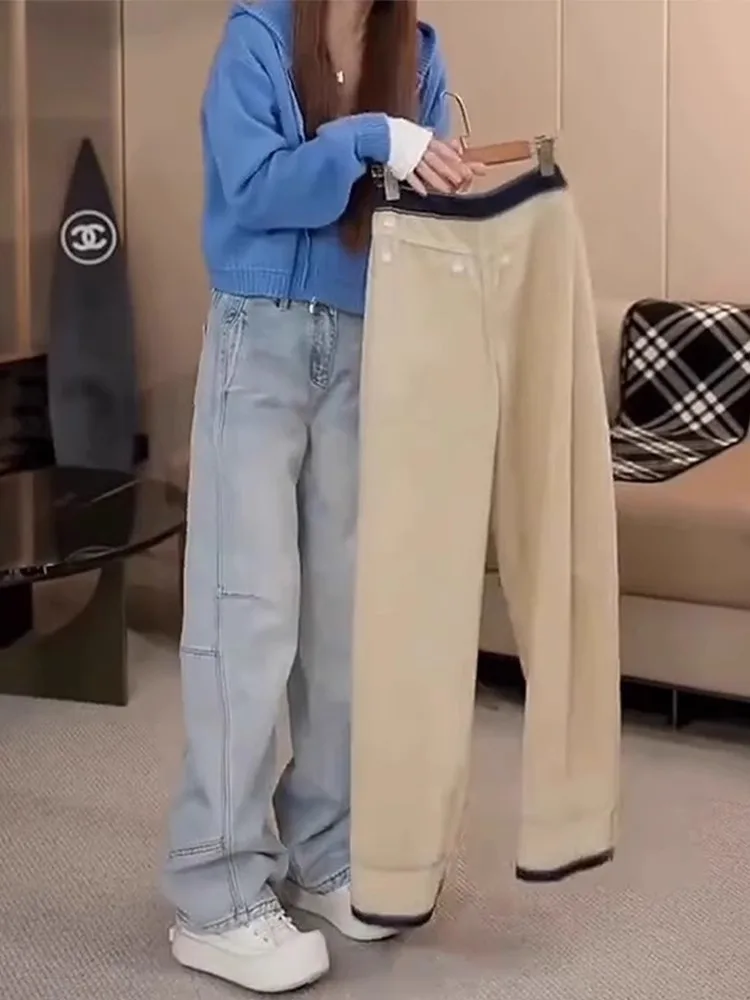 

Легкие женские джинсы на подкладке Wa Fce, широкие брюки с высокой талией, брюки с эффектом похудения, осень-зима, моя