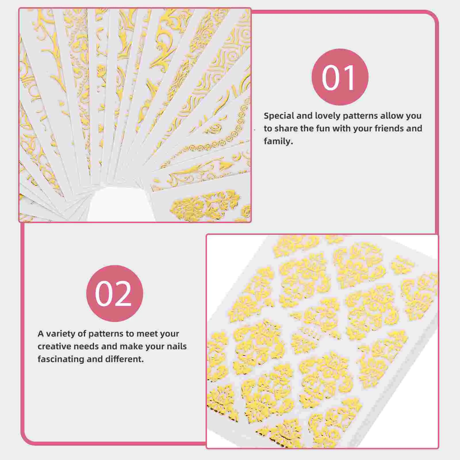 20 Sheets 3D Metal Nail Stickers Golden Decals Nail Tips Sticker Self-adhesive Nail Tips Ethnic Lace Leaves Pattern