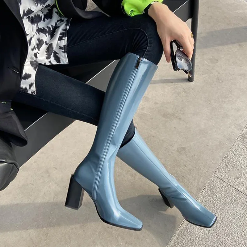 Square Head Thigh-high Boots Autumn Winter New Patent Leather Knee High Botas Female Chunky High Heel Solid Skinny Botas Mujer