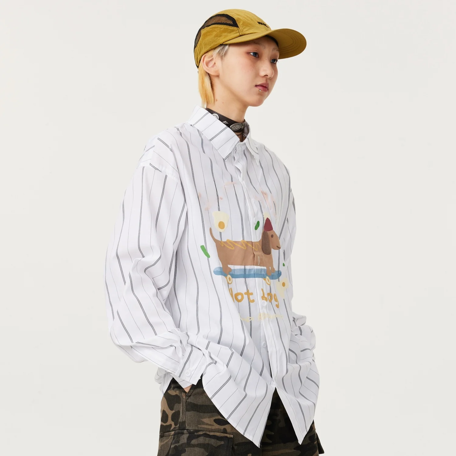 

adow Pl American Retro Cartoon Dog Print Striped Long Sve irt ex Spring Summer Street Sle Loose Fit Cotton