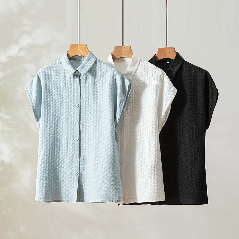 

Women 100% Mulberry Silk Jacquard Silk Blue White Black Collared Short Sleeve Buttons Down Shirt T-Shirt Top Blouse Summer QQ024