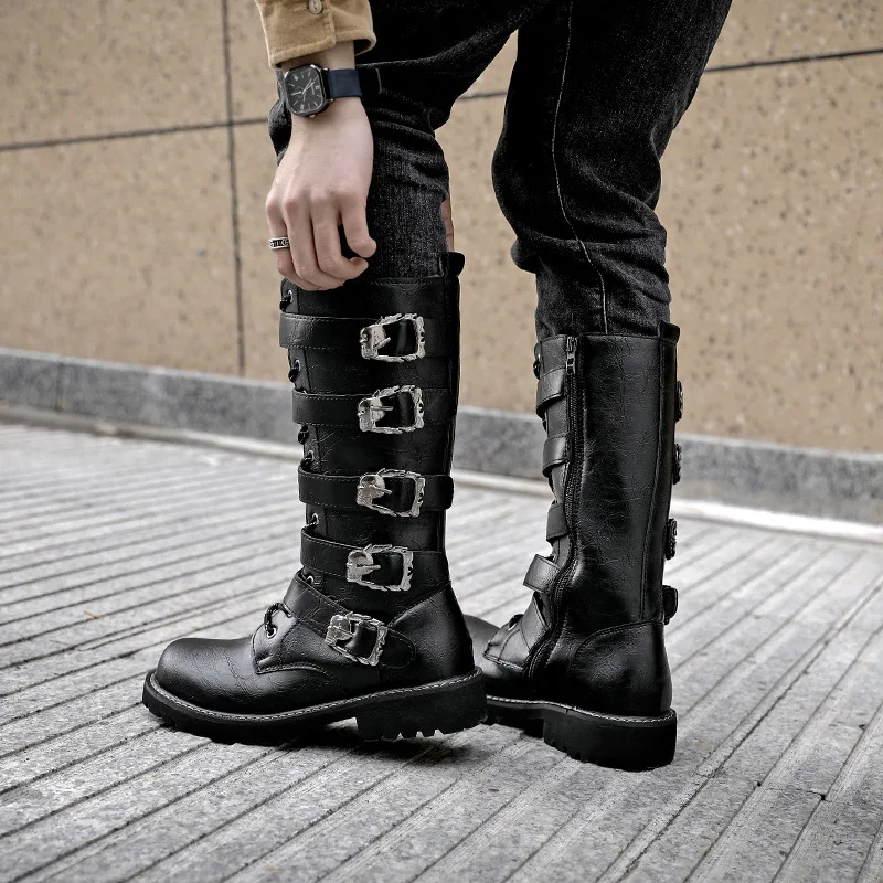 Men's Punk Gothic Biker Boots Tall Harness Buckle Side Zipper Riding Boots for Cosplay Costume Performance Comfortable Black image 4