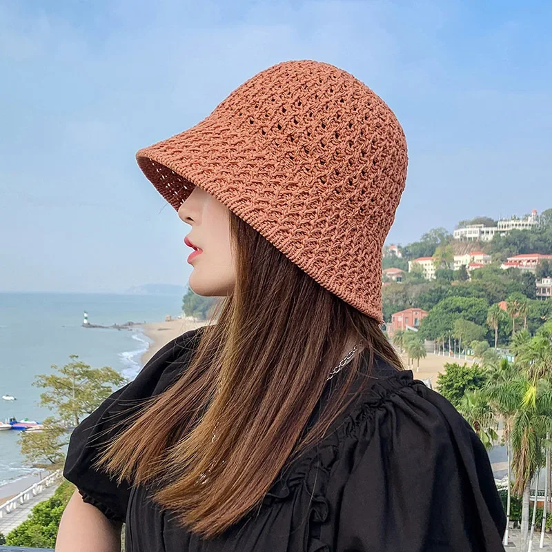 

New Solid Color Handmade Crochet Floppy Top Summer Hats For Women Hollow Out Knit Dome Bucket Hat Wide Brim Foldable Beach Caps