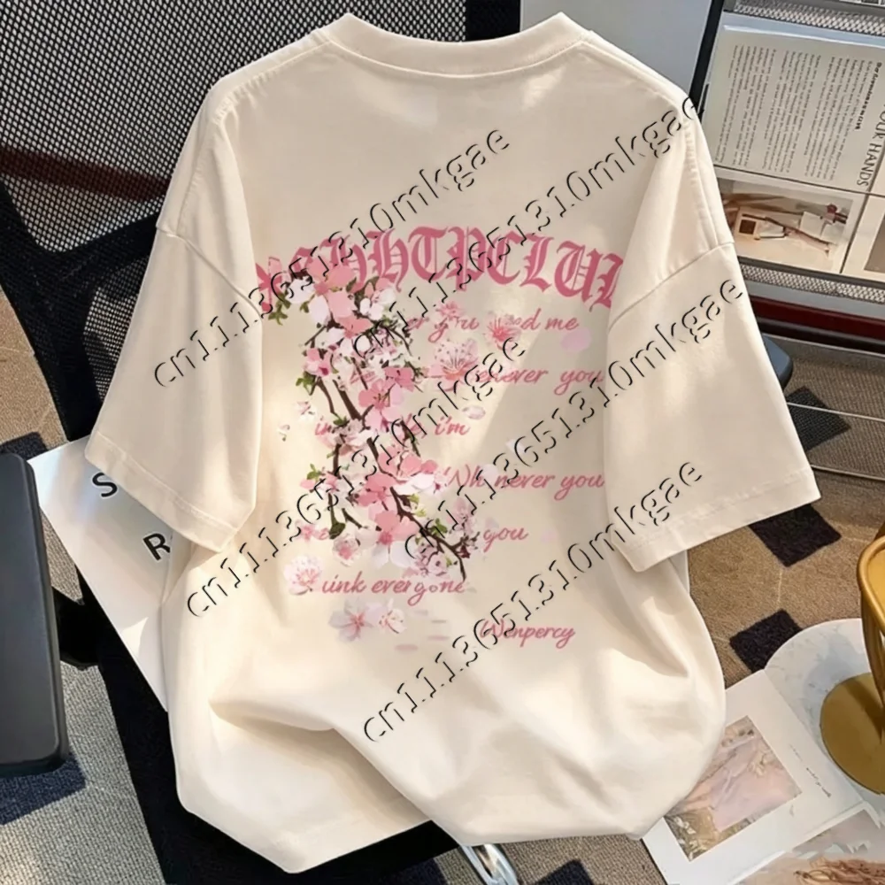 Summer Casual Kids Tshirt Gothic Letter Cherry Blossom Back Graphic Print Short Sleeve Crew Neck Hip Hop Streetwear Loose Tops