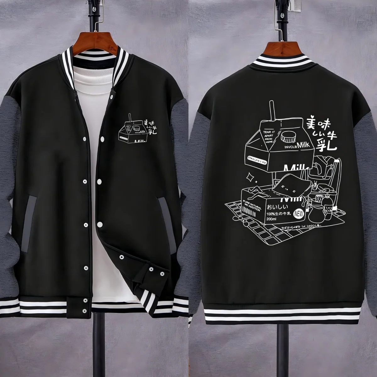 

Мужские куртки с мультяшным принтом из вкусного молока, свободная модная бейсбольная форма, повседневная американская одежда, осенняя уличная одежда